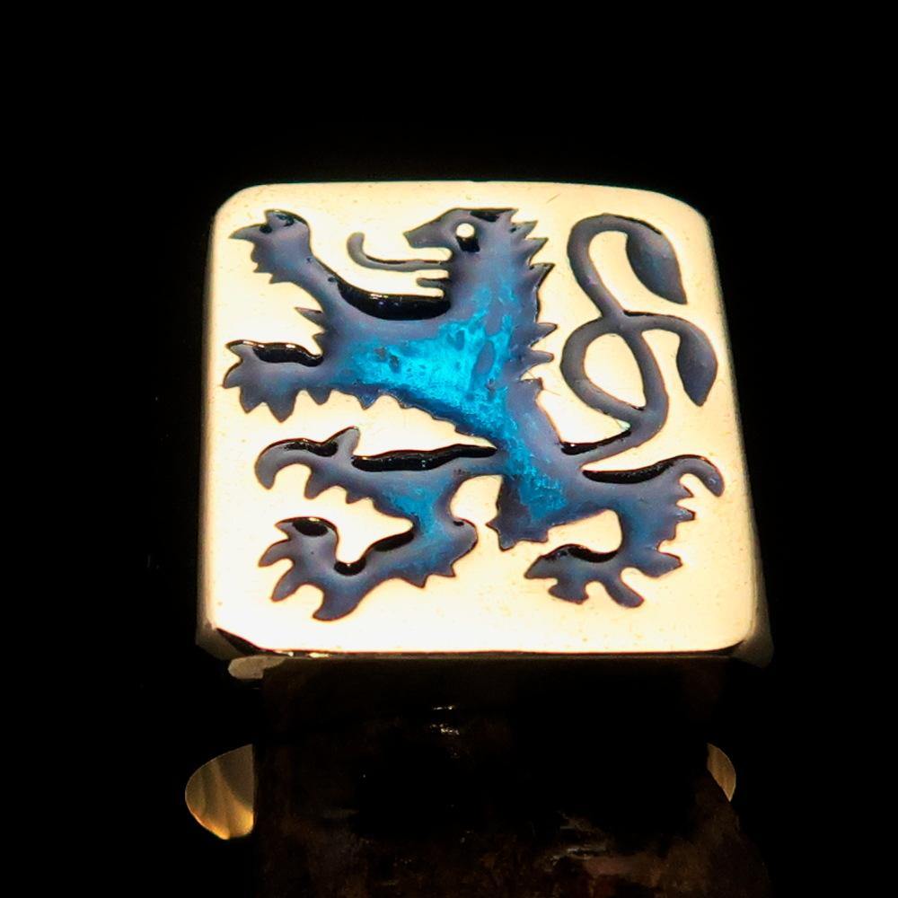 Men's Rampant Lion Ring made of solid brass with blue enamel detailing, featuring a coat of arms design.