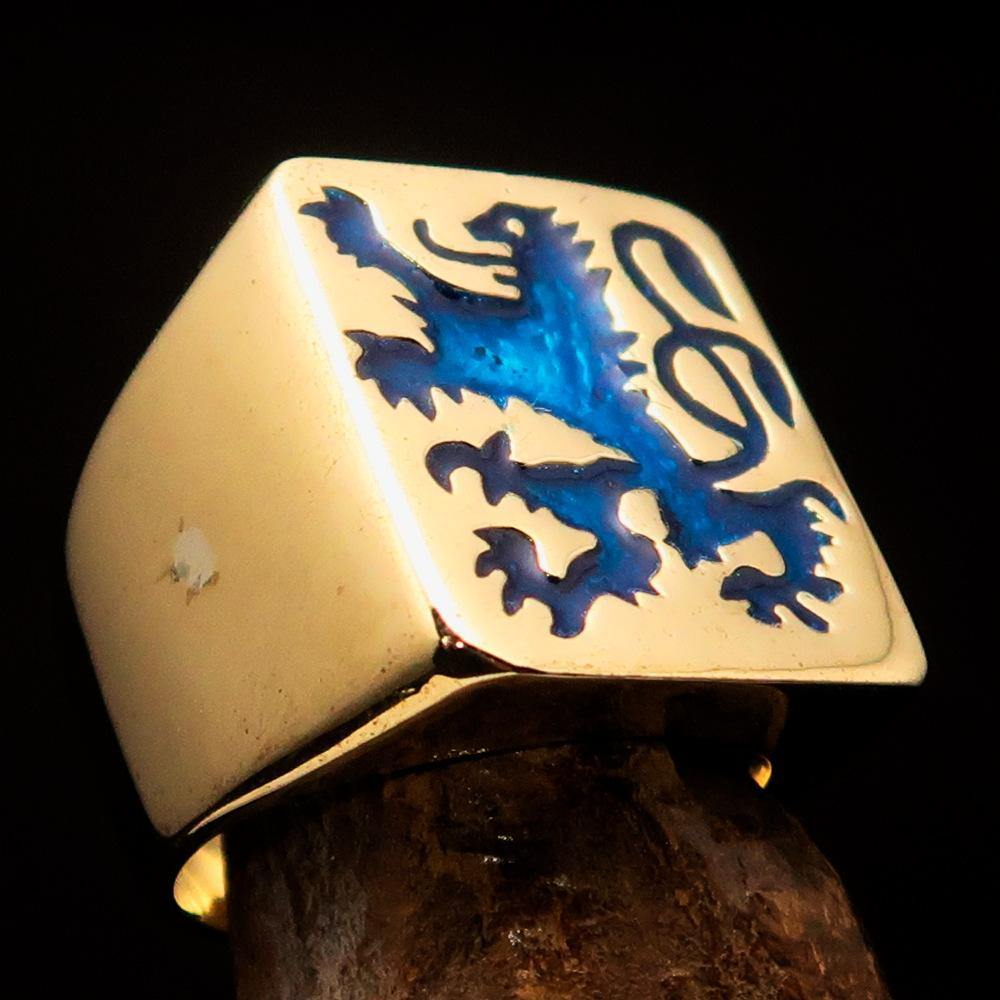 Men's Rampant Lion Ring made of solid brass with blue enamel detailing, featuring a coat of arms design.