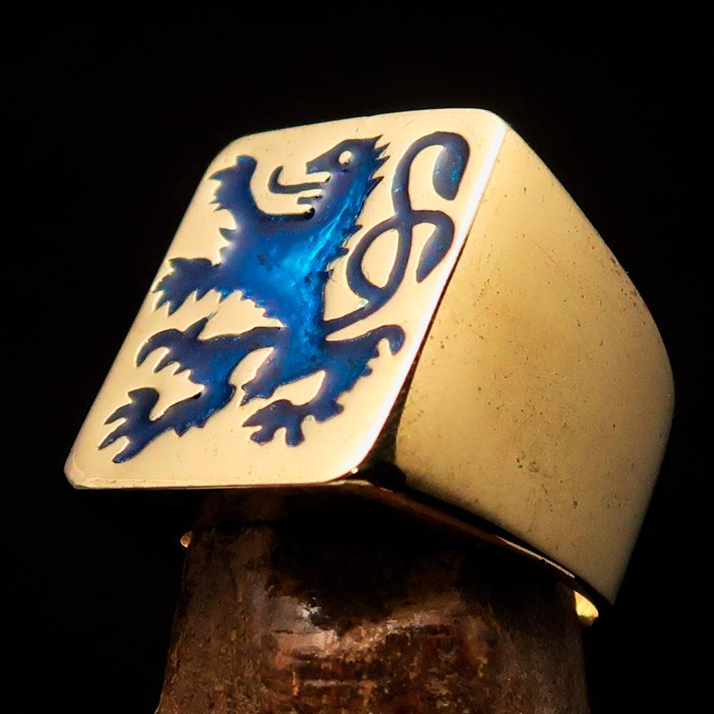 Men's Rampant Lion Ring made of solid brass with blue enamel detailing, featuring a coat of arms design.