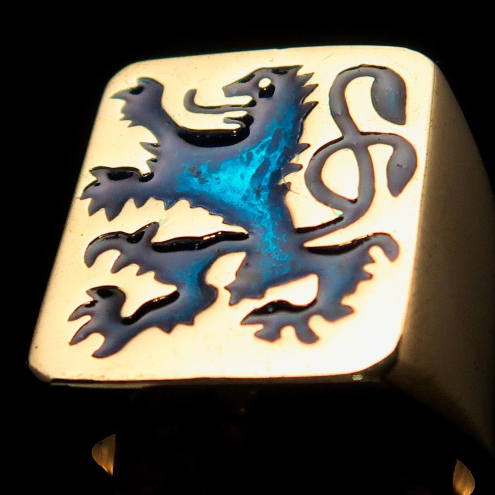 Men's Rampant Lion Ring made of solid brass with blue enamel detailing, featuring a coat of arms design.