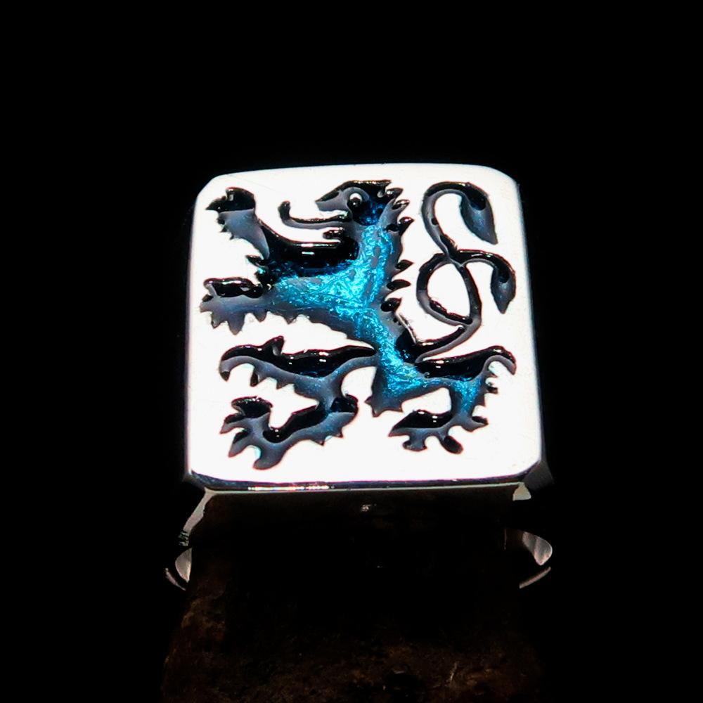 Men's Rampant Lion Ring in blue enamel and sterling silver, showcasing a detailed coat of arms design.