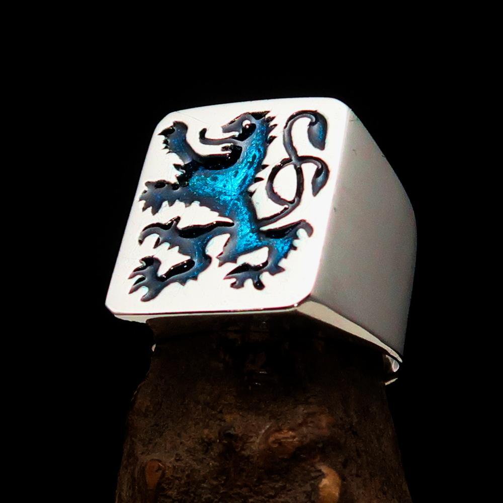 Men's Rampant Lion Ring in blue enamel and sterling silver, showcasing a detailed coat of arms design.