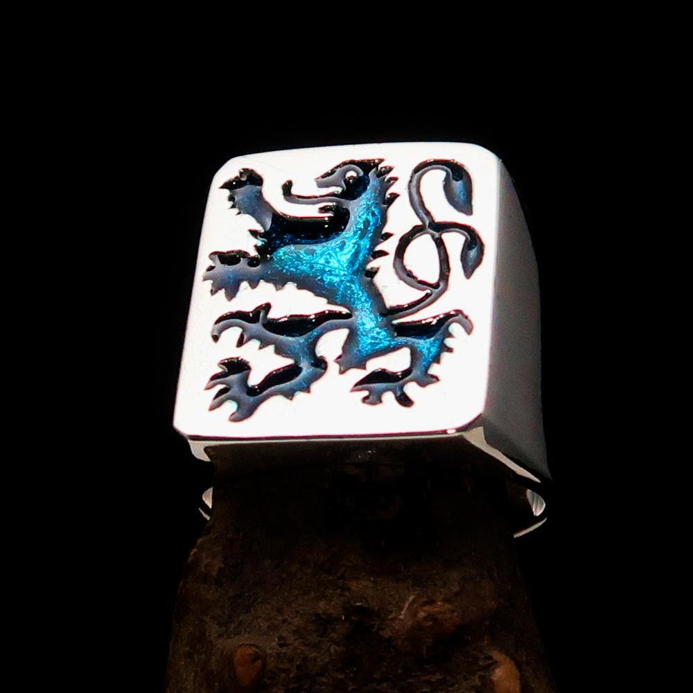 Men's Rampant Lion Ring in blue enamel and sterling silver, showcasing a detailed coat of arms design.