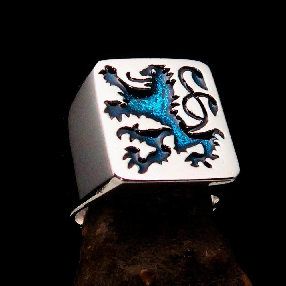 Men's Rampant Lion Ring in blue enamel and sterling silver, showcasing a detailed coat of arms design.