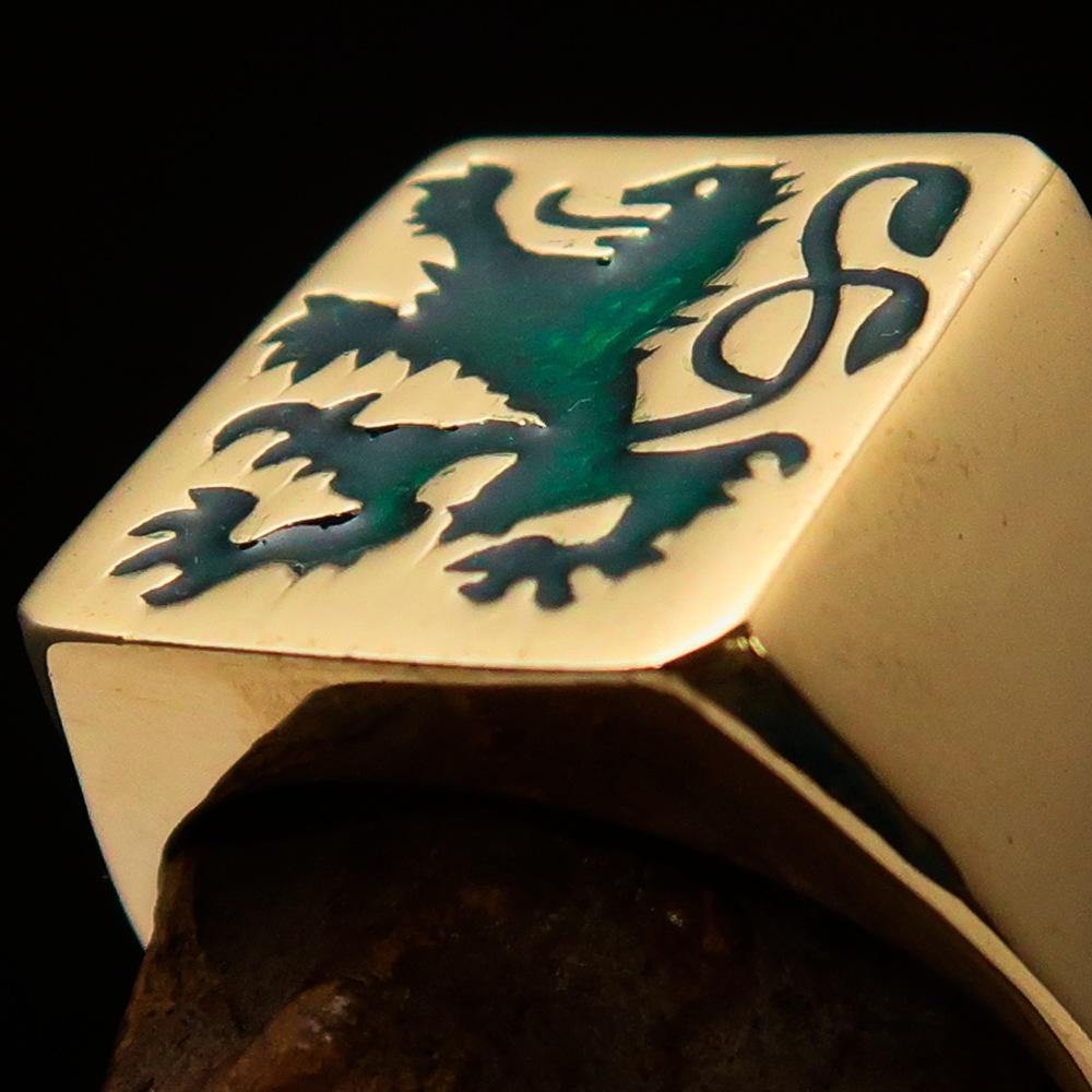 Men's Rampant Lion Ring made of solid brass with vibrant green enamel finish, featuring an intricate coat of arms design.