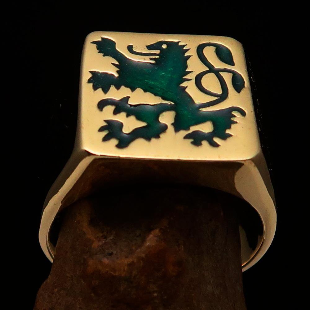 Men's Rampant Lion Ring made of solid brass with vibrant green enamel finish, featuring an intricate coat of arms design.