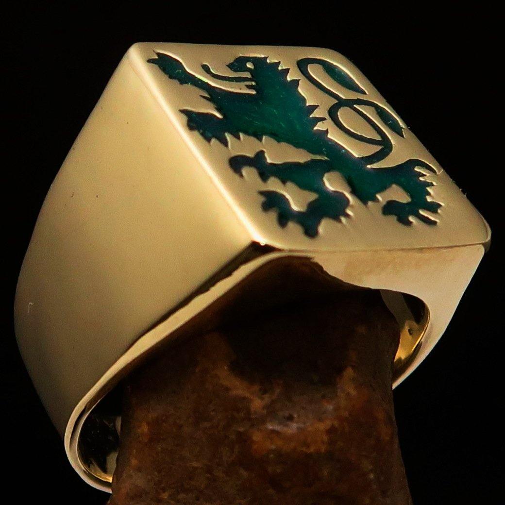 Men's Rampant Lion Ring made of solid brass with vibrant green enamel finish, featuring an intricate coat of arms design.