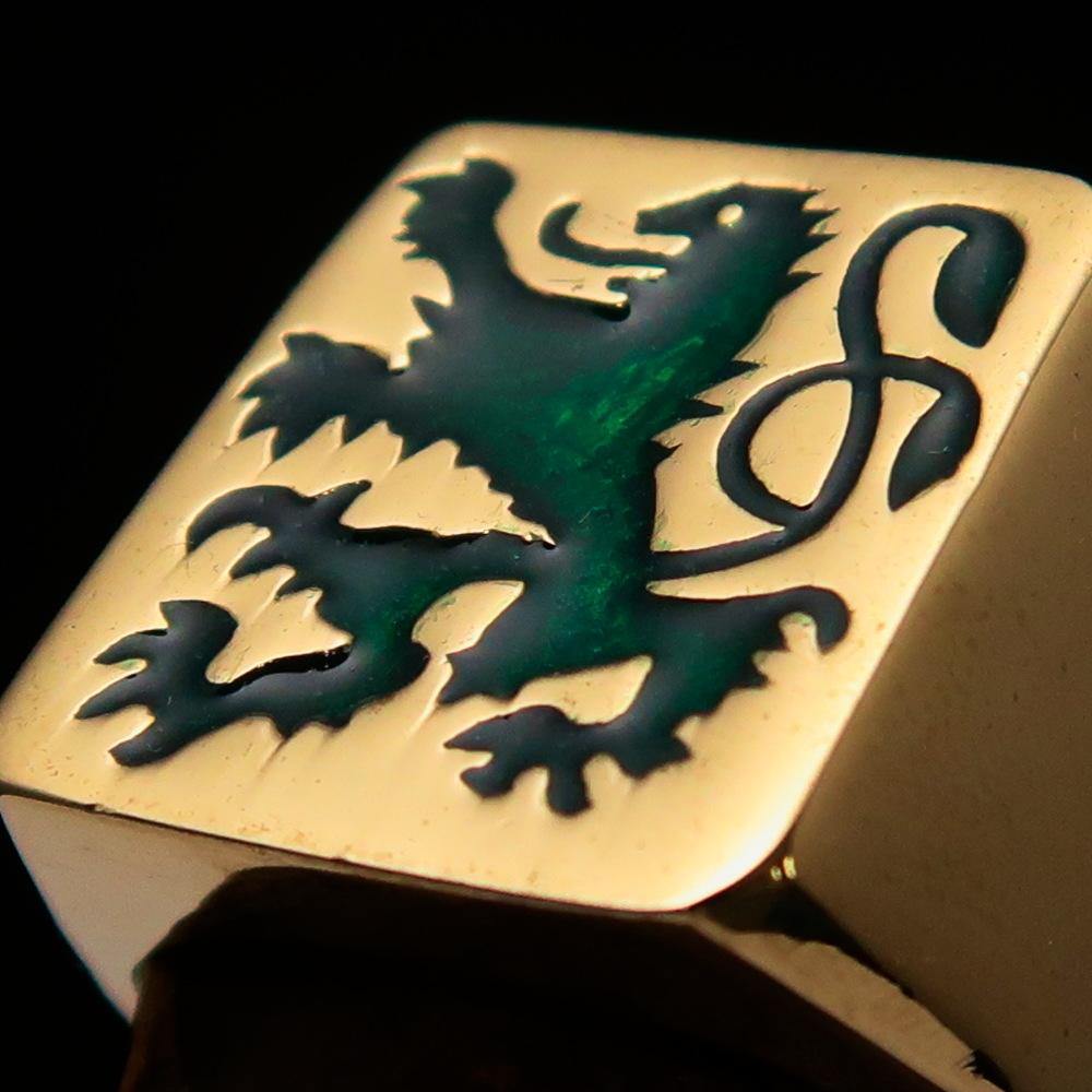 Men's Rampant Lion Ring made of solid brass with vibrant green enamel finish, featuring an intricate coat of arms design.