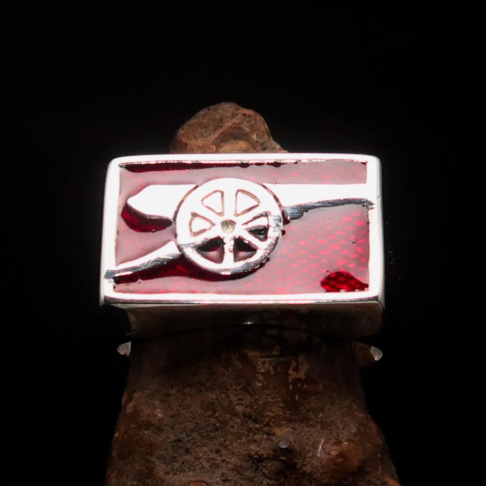 Men's red naval cannon ring made of solid sterling silver with high polish finish and red enamel, showcasing its unique design and quality.