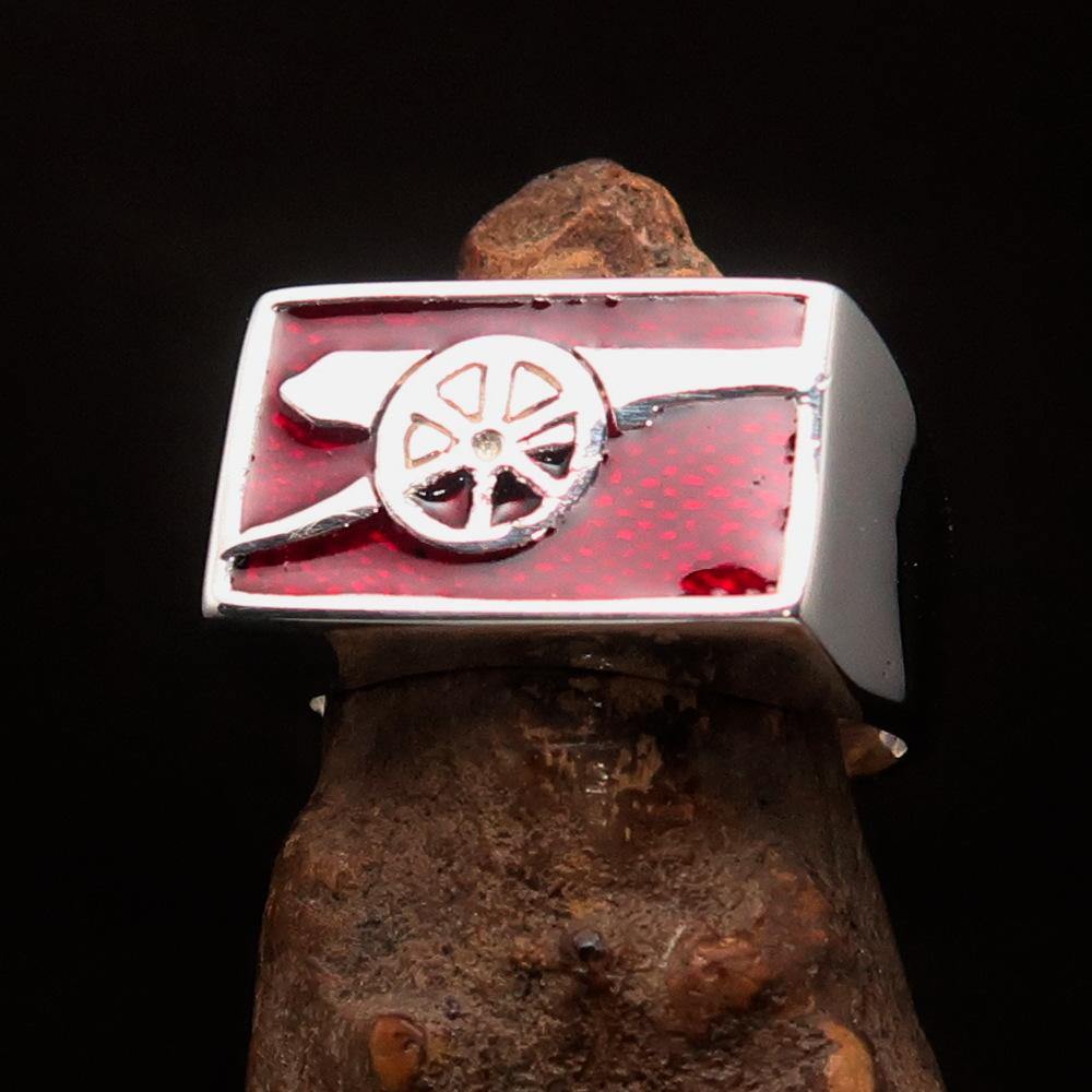 Men's red naval cannon ring made of solid sterling silver with high polish finish and red enamel, showcasing its unique design and quality.