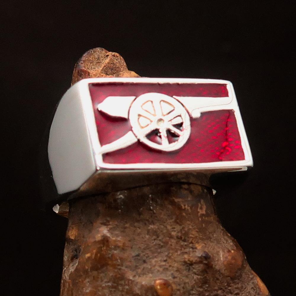 Men's red naval cannon ring made of solid sterling silver with high polish finish and red enamel, showcasing its unique design and quality.