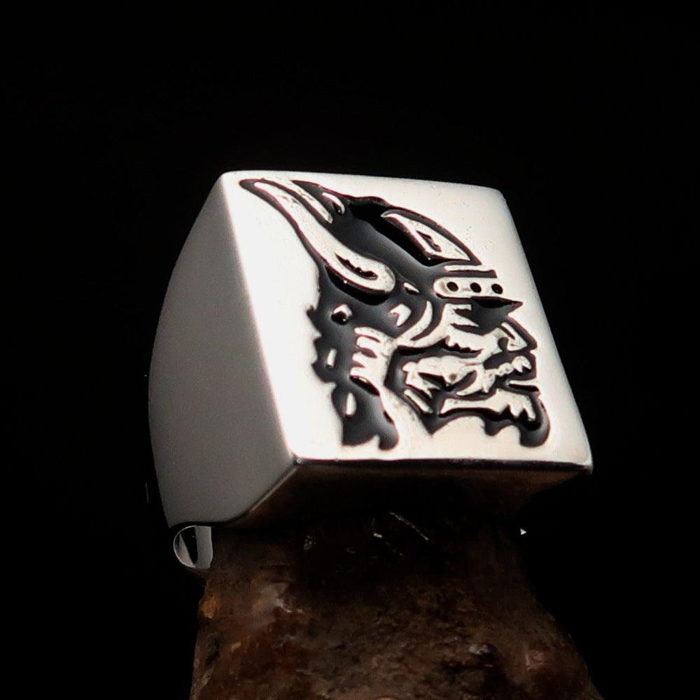 Men's Ring black Viking Warrior made of solid Sterling Silver with high-polished finish and black enamel detailing.