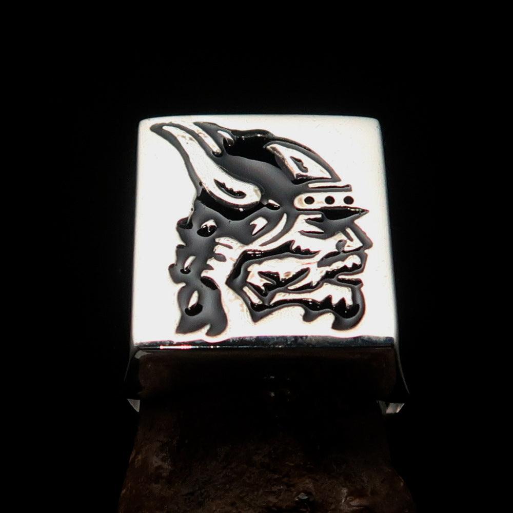 Men's Ring black Viking Warrior made of solid Sterling Silver with high-polished finish and black enamel detailing.