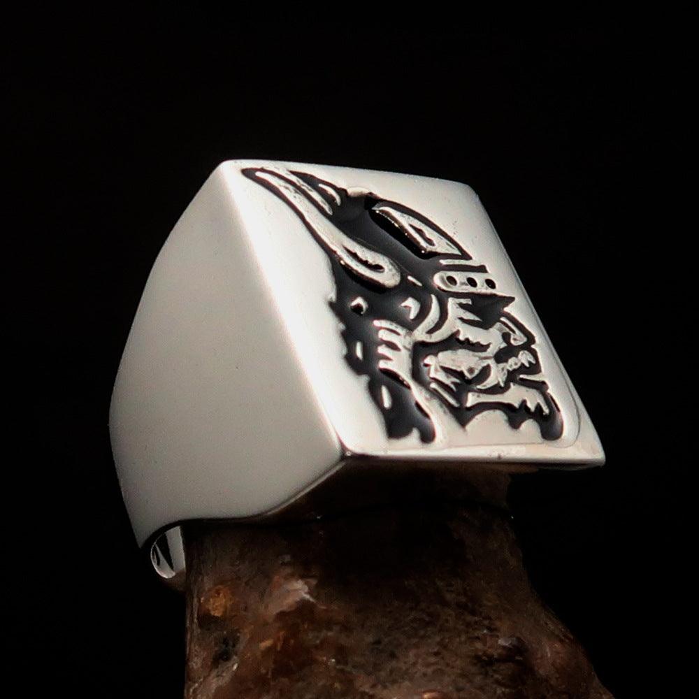 Men's Ring black Viking Warrior made of solid Sterling Silver with high-polished finish and black enamel detailing.