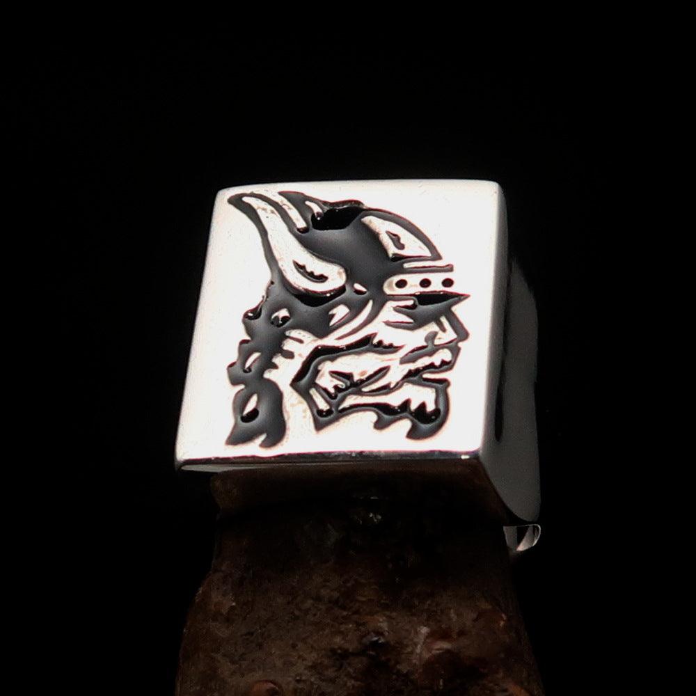 Men's Ring black Viking Warrior made of solid Sterling Silver with high-polished finish and black enamel detailing.