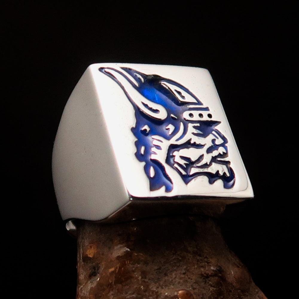 Men's Ring blue Viking Warrior made of solid Sterling Silver with blue enamel, showcasing intricate design and high polish finish.