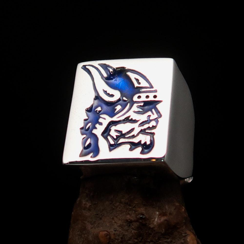 Men's Ring blue Viking Warrior made of solid Sterling Silver with blue enamel, showcasing intricate design and high polish finish.