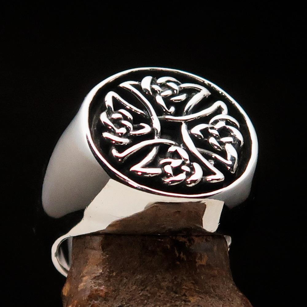 Men's Celtic Birgit's Cross ring in antiqued sterling silver, showcasing intricate design and polished finish.