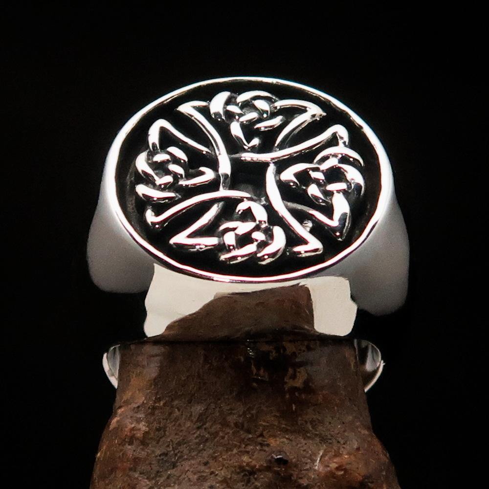 Men's Celtic Birgit's Cross ring in antiqued sterling silver, showcasing intricate design and polished finish.