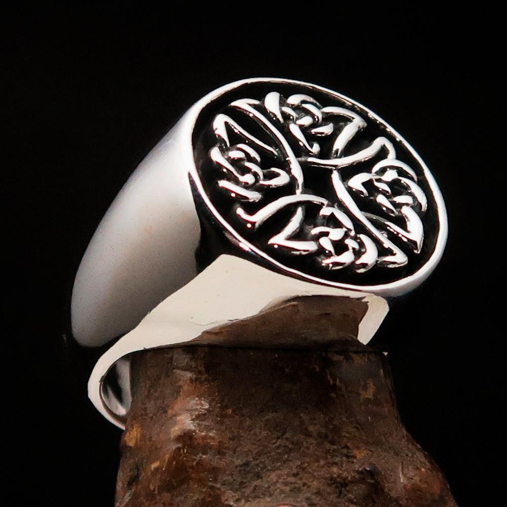 Men's Celtic Birgit's Cross ring in antiqued sterling silver, showcasing intricate design and polished finish.