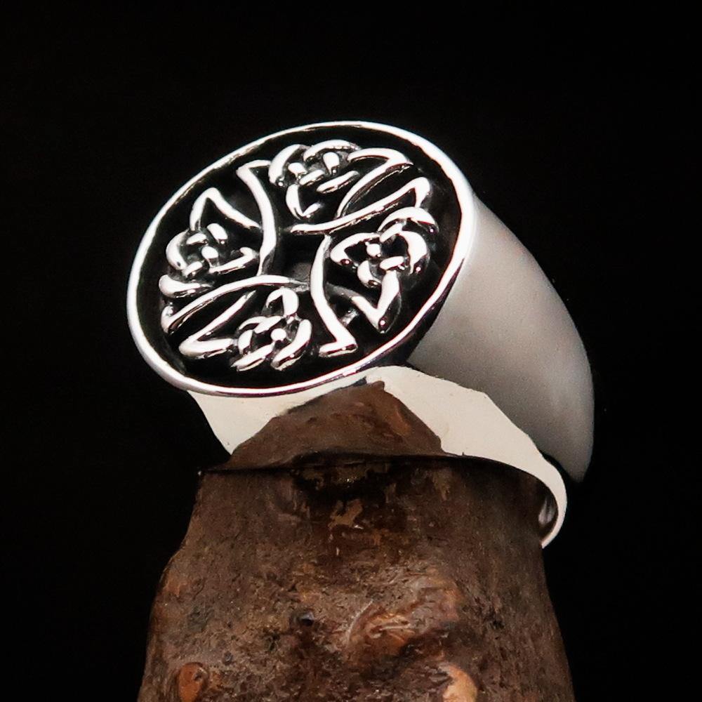 Men's Celtic Birgit's Cross ring in antiqued sterling silver, showcasing intricate design and polished finish.