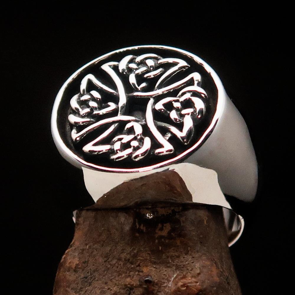 Men's Celtic Birgit's Cross ring in antiqued sterling silver, showcasing intricate design and polished finish.