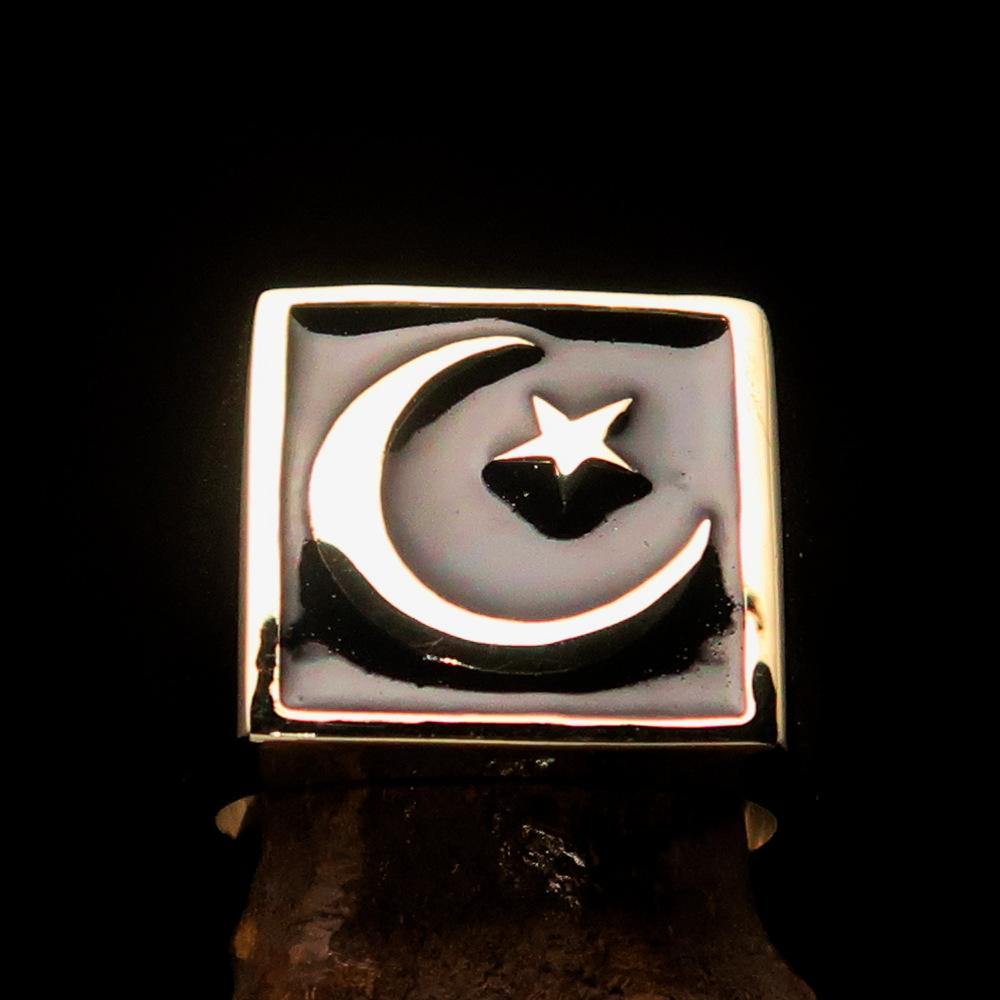 Men's ring featuring a crescent moon and star design, crafted from solid brass with a high-polished black enamel finish.