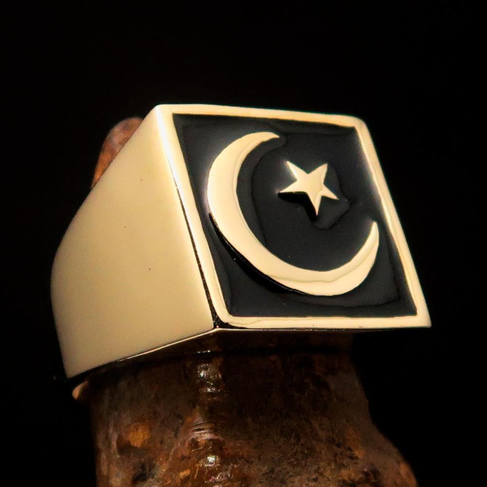 Men's ring featuring a crescent moon and star design, crafted from solid brass with a high-polished black enamel finish.