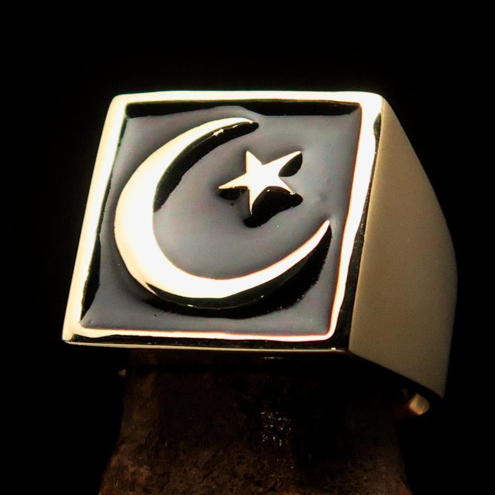 Men's ring featuring a crescent moon and star design, crafted from solid brass with a high-polished black enamel finish.