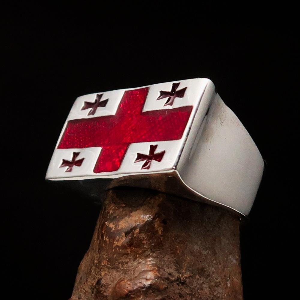 Men's sterling silver ring featuring the Flag of Georgia with red enamel accents, showcasing five crosses.