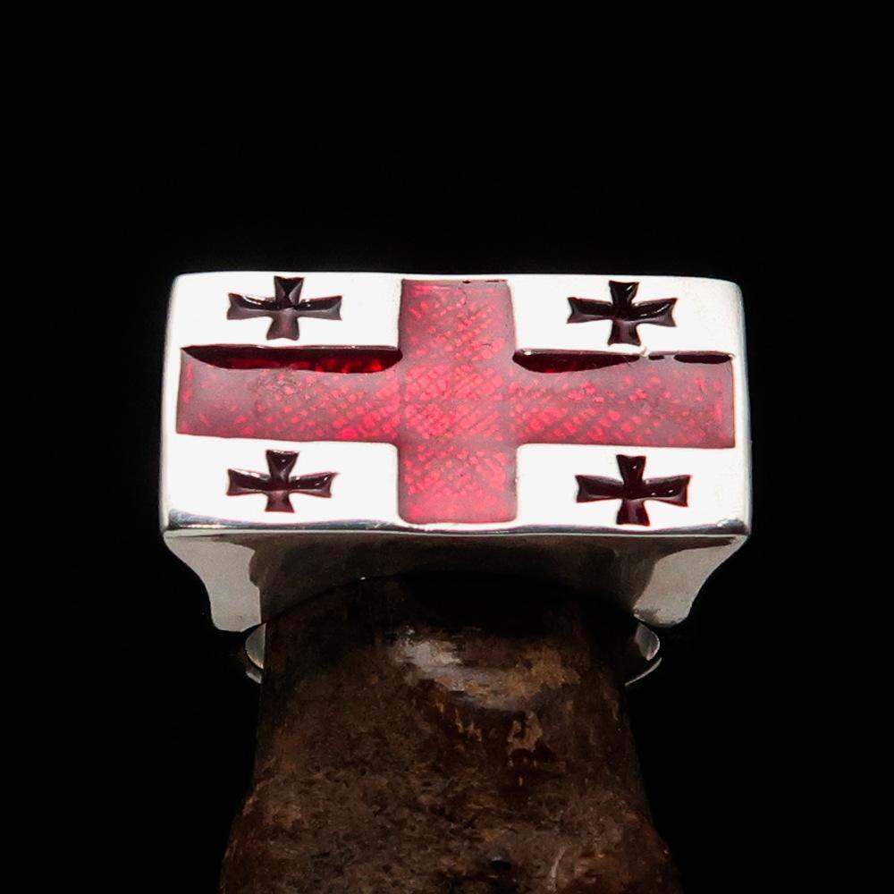 Men's sterling silver ring featuring the Flag of Georgia with red enamel accents, showcasing five crosses.