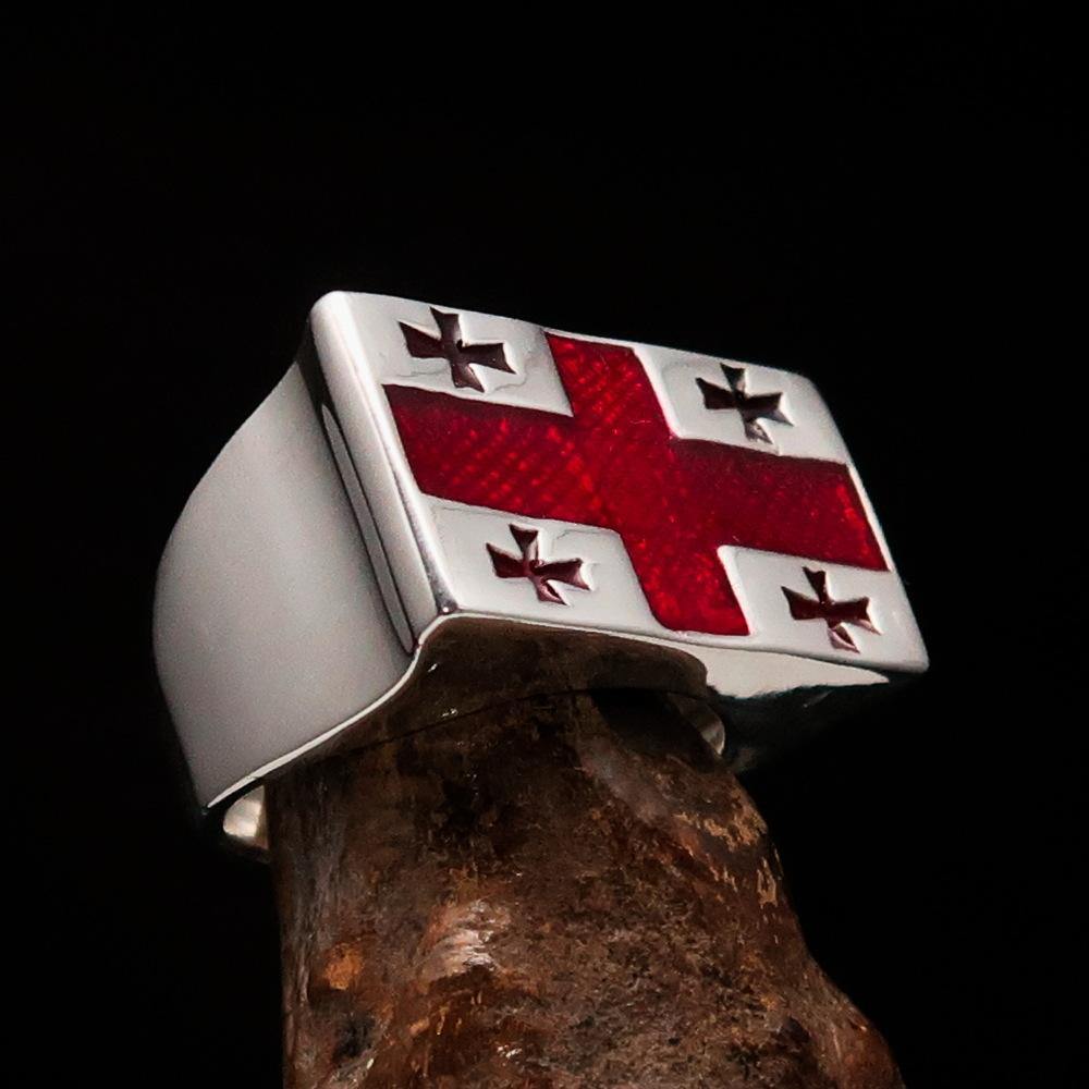 Men's sterling silver ring featuring the Flag of Georgia with red enamel accents, showcasing five crosses.