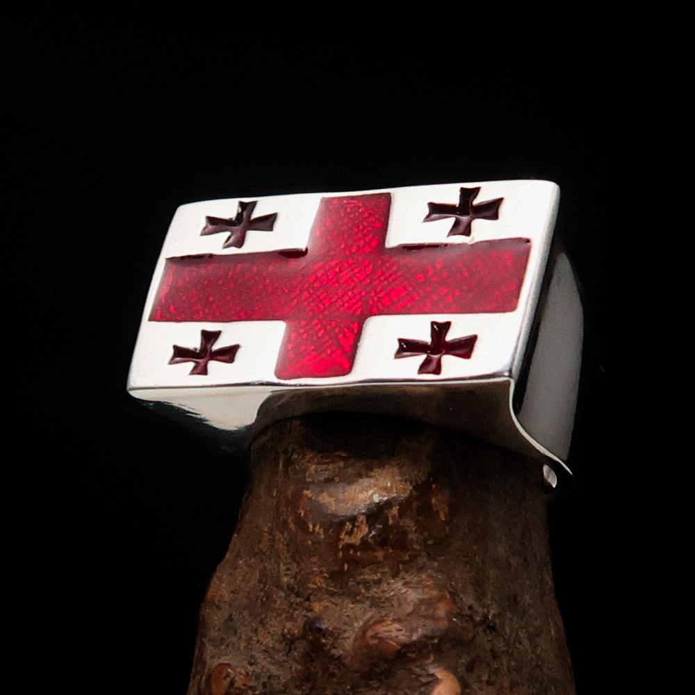 Men's sterling silver ring featuring the Flag of Georgia with red enamel accents, showcasing five crosses.