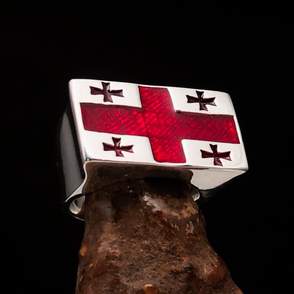 Men's sterling silver ring featuring the Flag of Georgia with red enamel accents, showcasing five crosses.