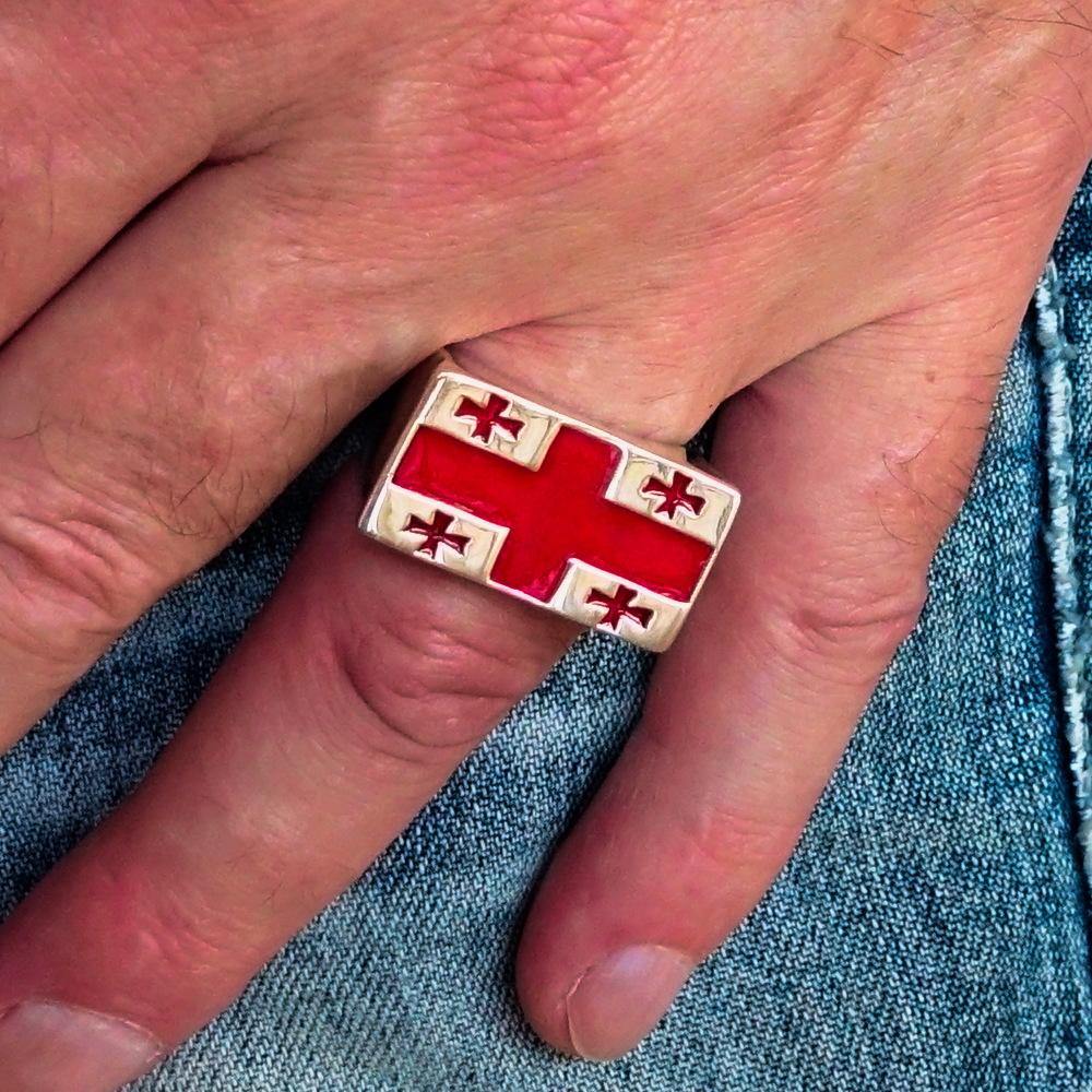 Men's sterling silver ring featuring the Flag of Georgia with red enamel accents, showcasing five crosses.