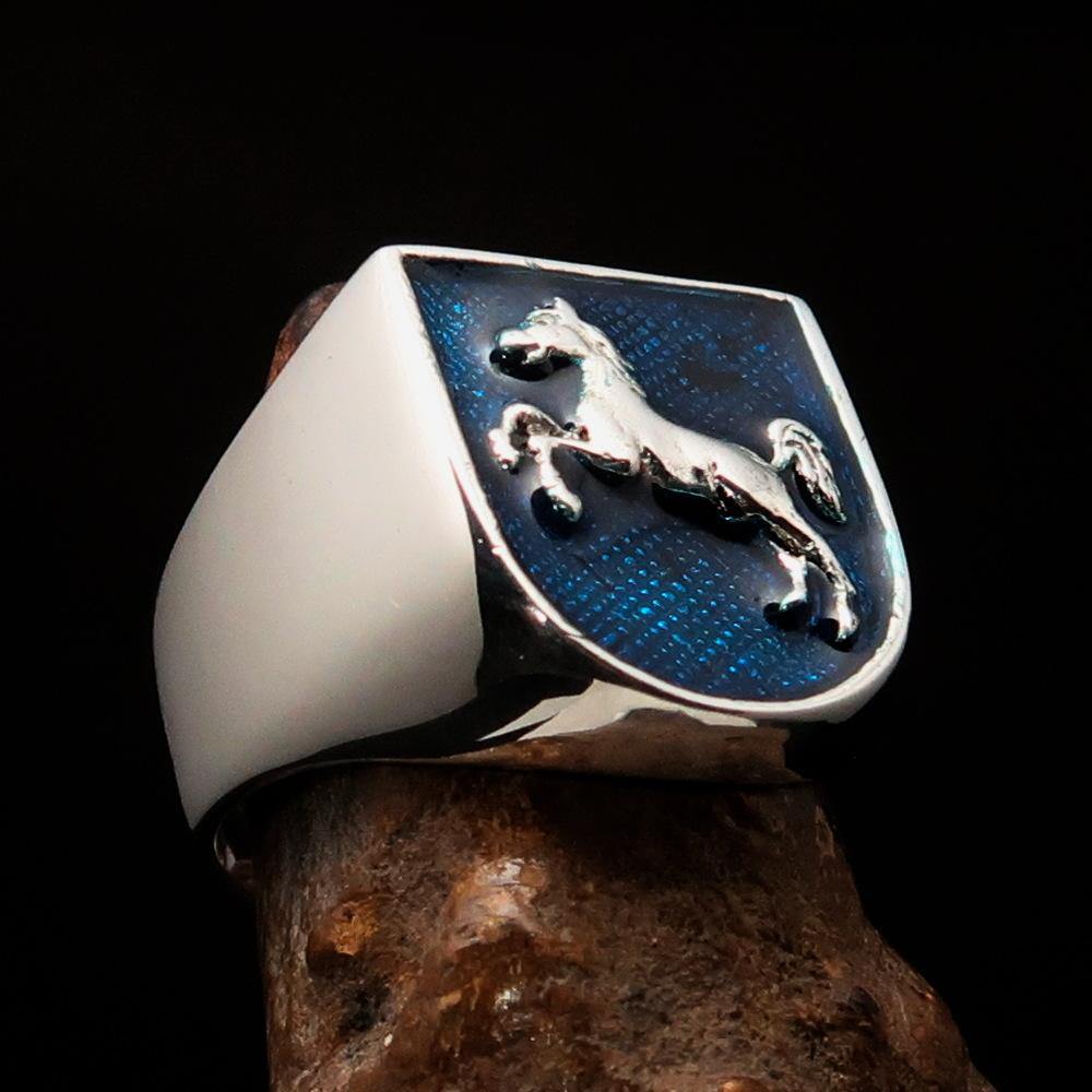 Men's Ring Horse Coat of Arms Blue in Sterling Silver featuring a shield design and blue enamel finish.