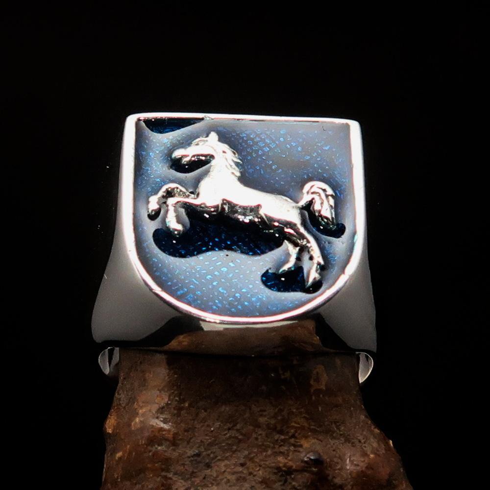 Men's Ring Horse Coat of Arms Blue in Sterling Silver featuring a shield design and blue enamel finish.