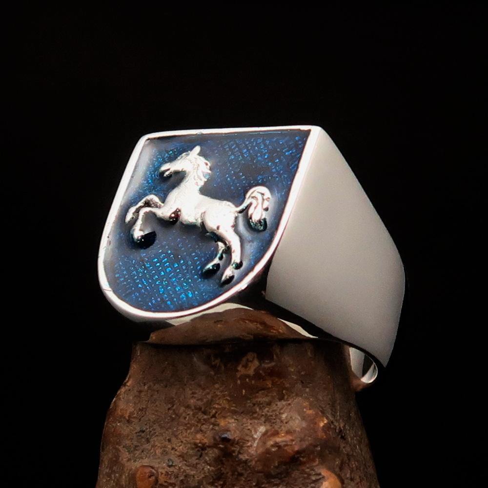 Men's Ring Horse Coat of Arms Blue in Sterling Silver featuring a shield design and blue enamel finish.