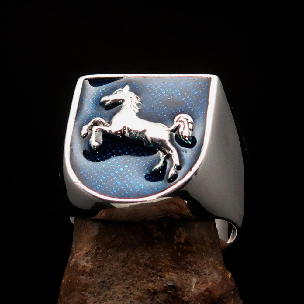 Men's Ring Horse Coat of Arms Blue in Sterling Silver featuring a shield design and blue enamel finish.