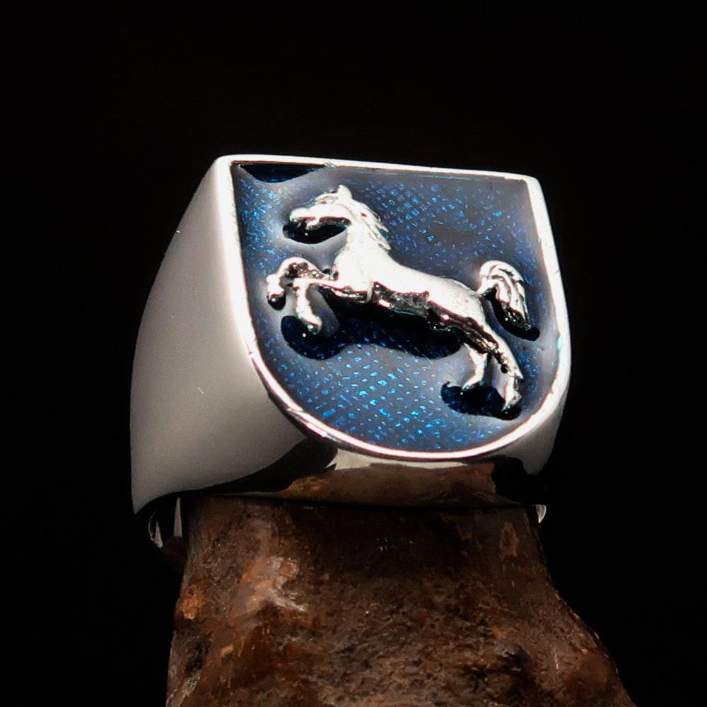 Men's Ring Horse Coat of Arms Blue in Sterling Silver featuring a shield design and blue enamel finish.