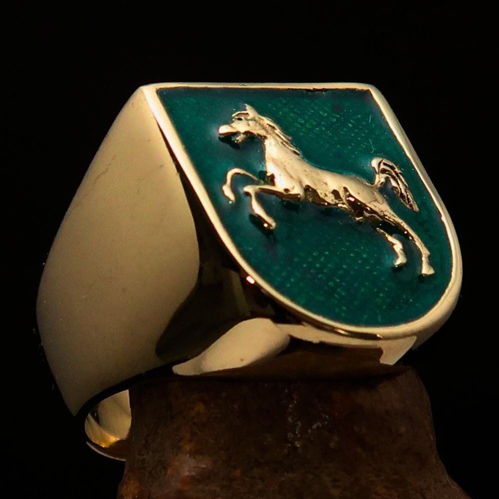 Perfectly Crafted Men's Ring featuring Horse Coat of Arms design in solid brass with green enamel accents.