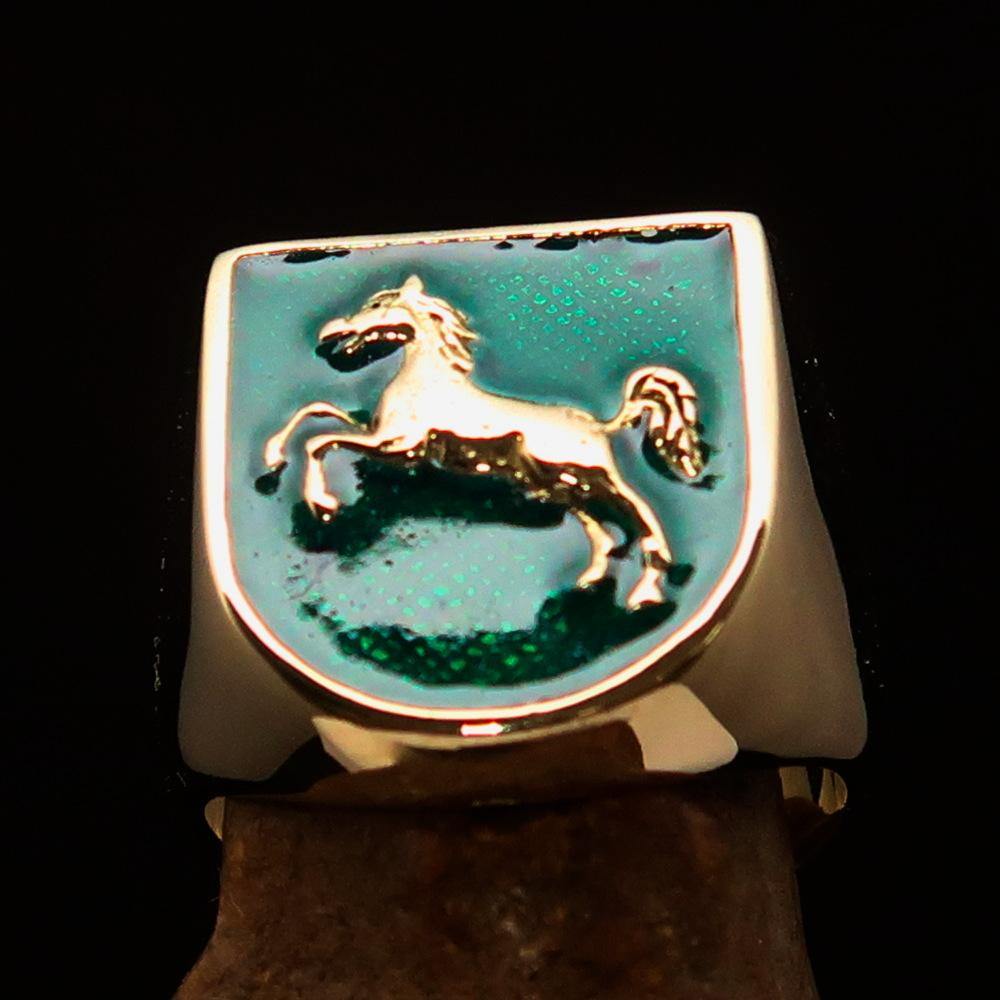 Perfectly Crafted Men's Ring featuring Horse Coat of Arms design in solid brass with green enamel accents.