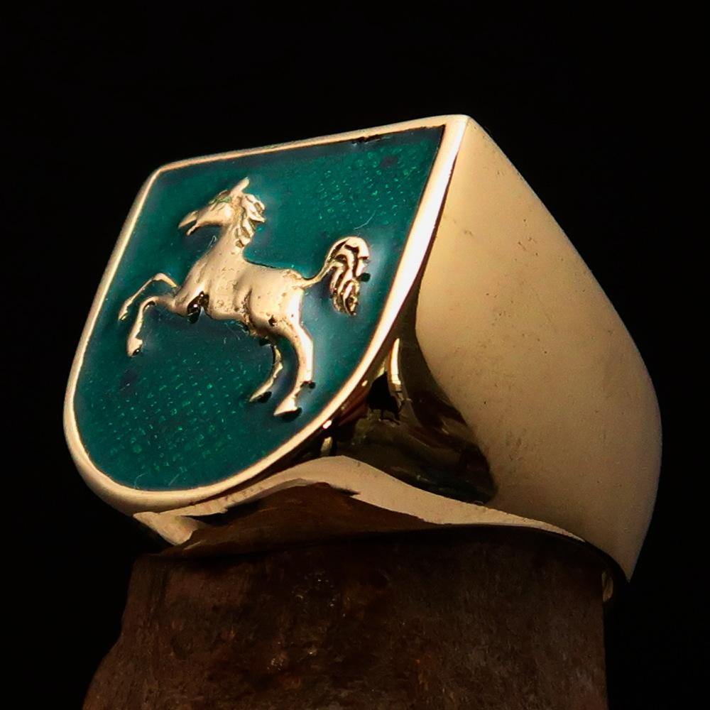 Perfectly Crafted Men's Ring featuring Horse Coat of Arms design in solid brass with green enamel accents.