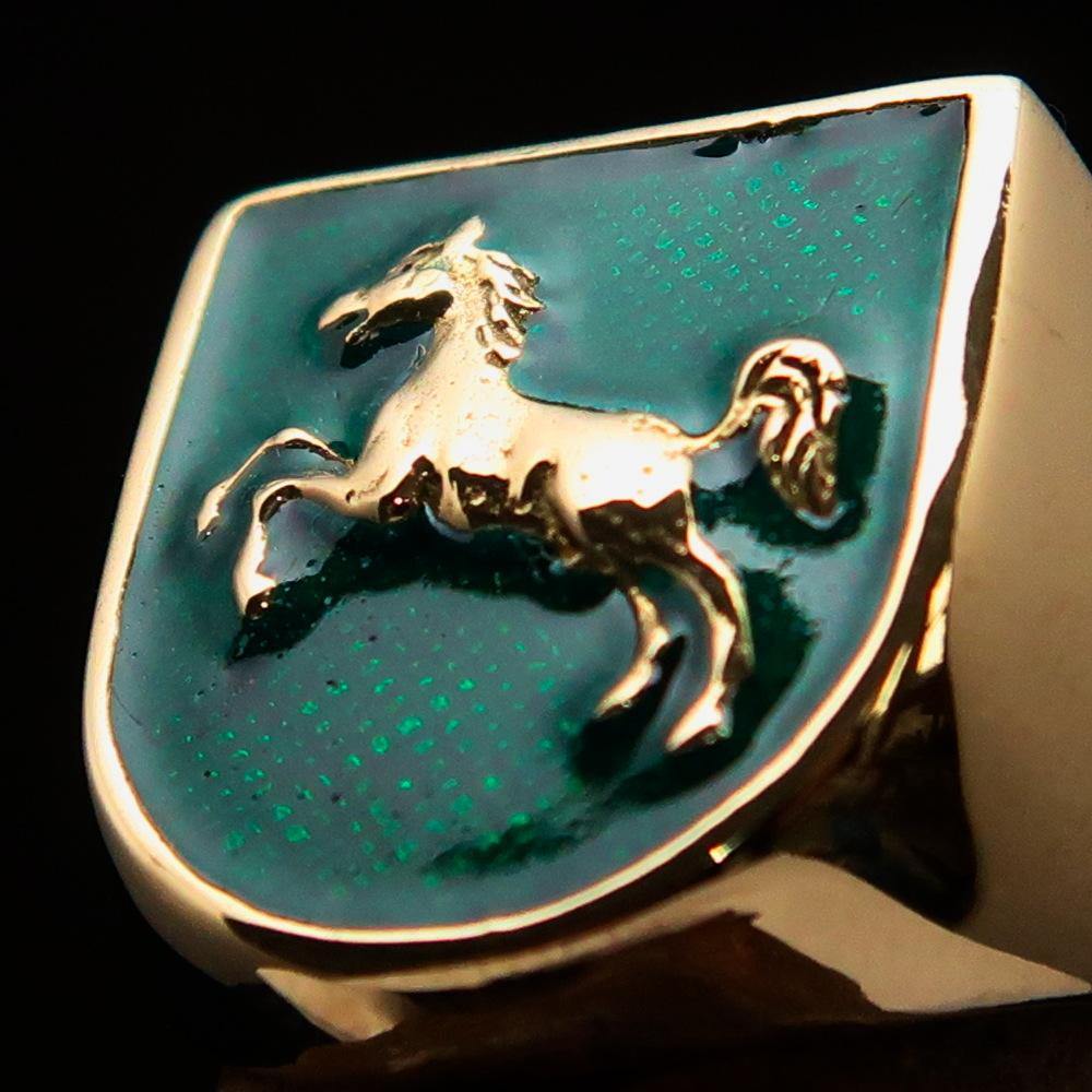 Perfectly Crafted Men's Ring featuring Horse Coat of Arms design in solid brass with green enamel accents.