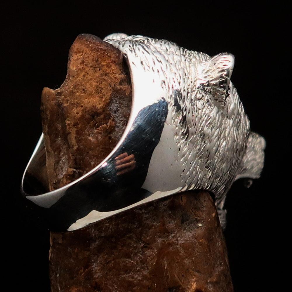 Men's Roaring Grizzly Bear Ring in antiqued Sterling Silver, showcasing a detailed grizzly bear design with a rugged finish.