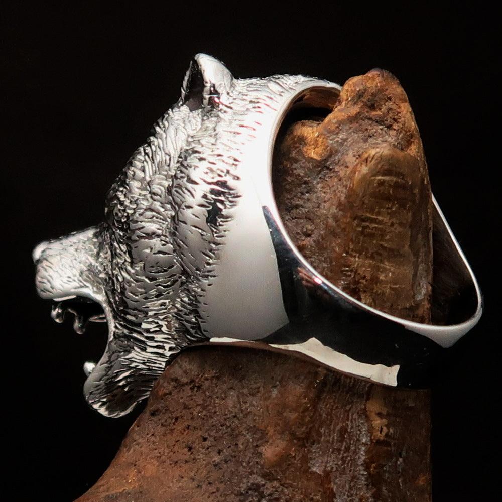 Men's Roaring Grizzly Bear Ring in antiqued Sterling Silver, showcasing a detailed grizzly bear design with a rugged finish.