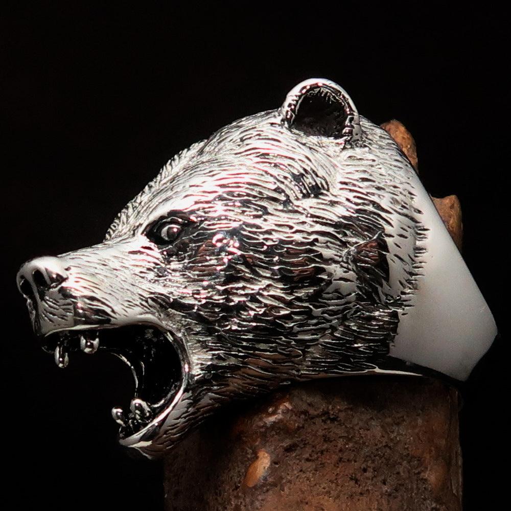 Men's Roaring Grizzly Bear Ring in antiqued Sterling Silver, showcasing a detailed grizzly bear design with a rugged finish.