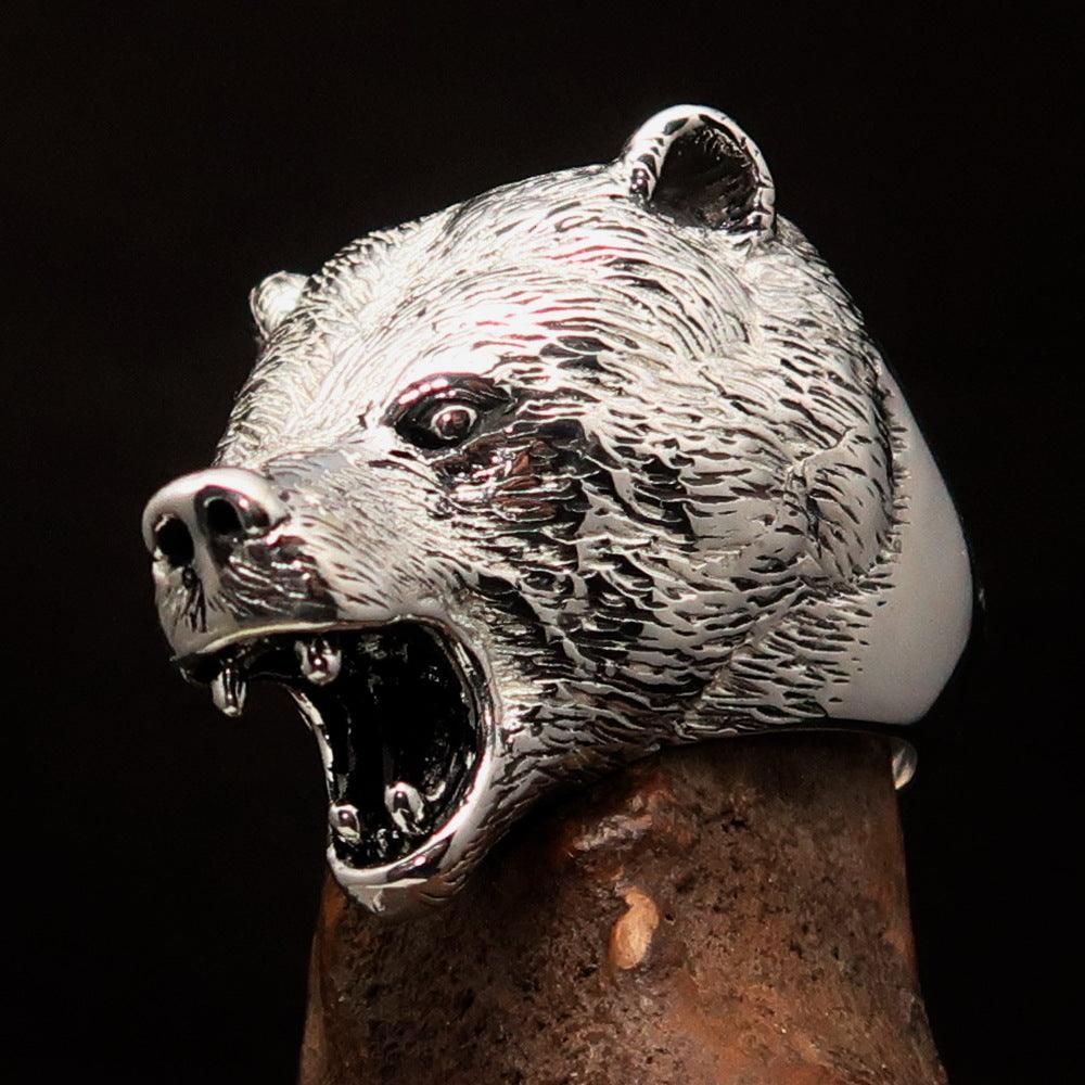 Men's Roaring Grizzly Bear Ring in antiqued Sterling Silver, showcasing a detailed grizzly bear design with a rugged finish.