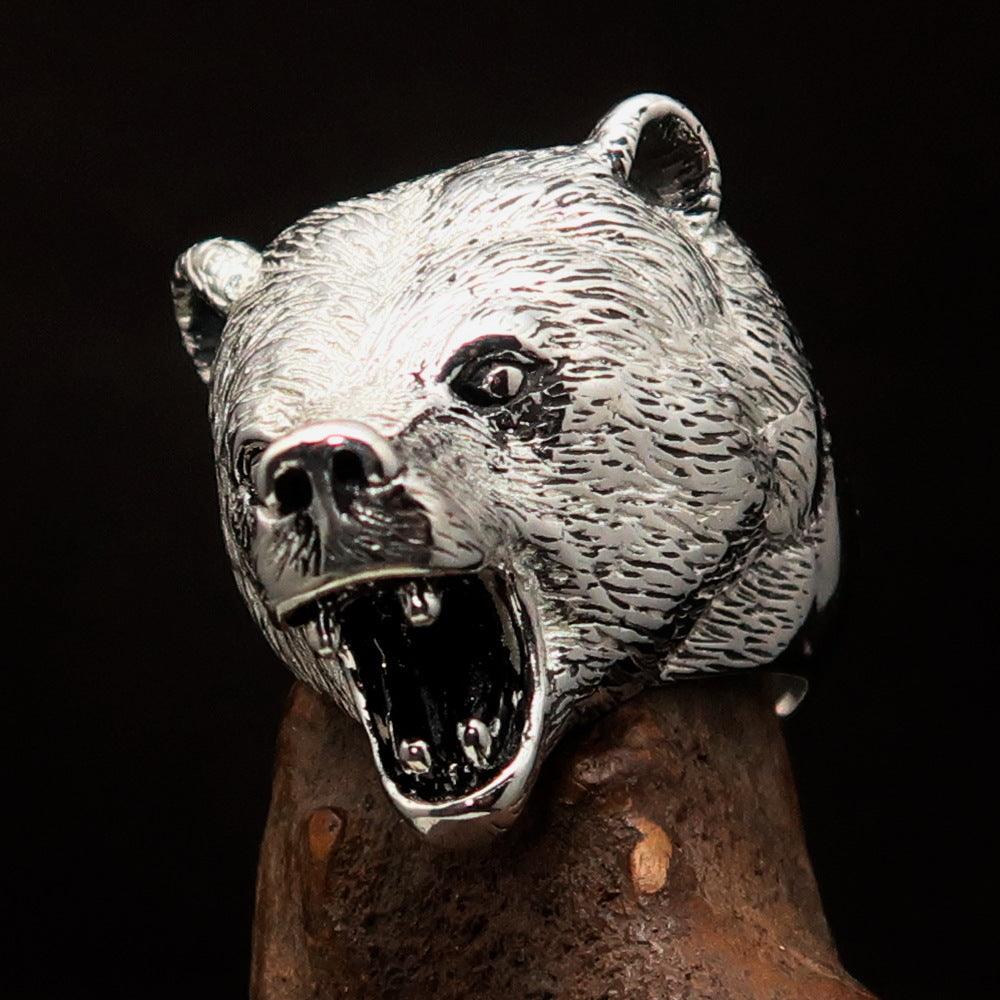 Men's Roaring Grizzly Bear Ring in antiqued Sterling Silver, showcasing a detailed grizzly bear design with a rugged finish.