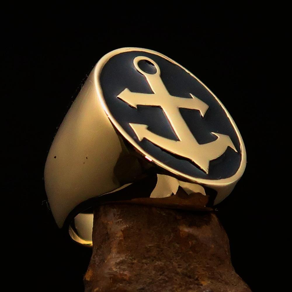 Men's Sailor Ring featuring a big anchor design in solid brass with a polished black enamel finish.